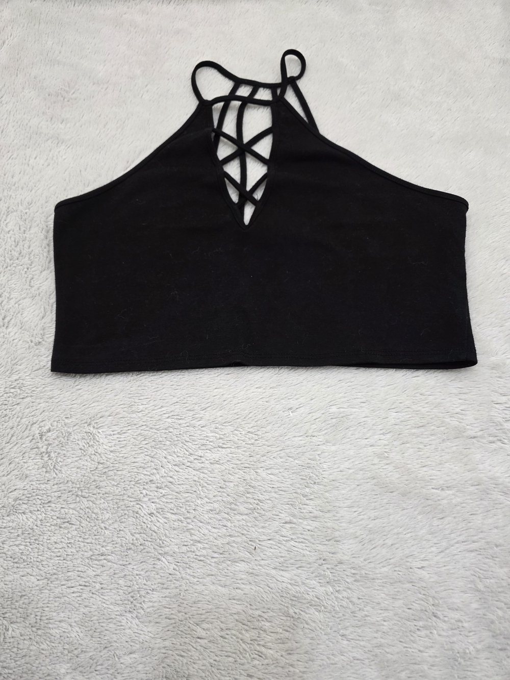 Black Strappy Lattice Halter Crop Top by Black